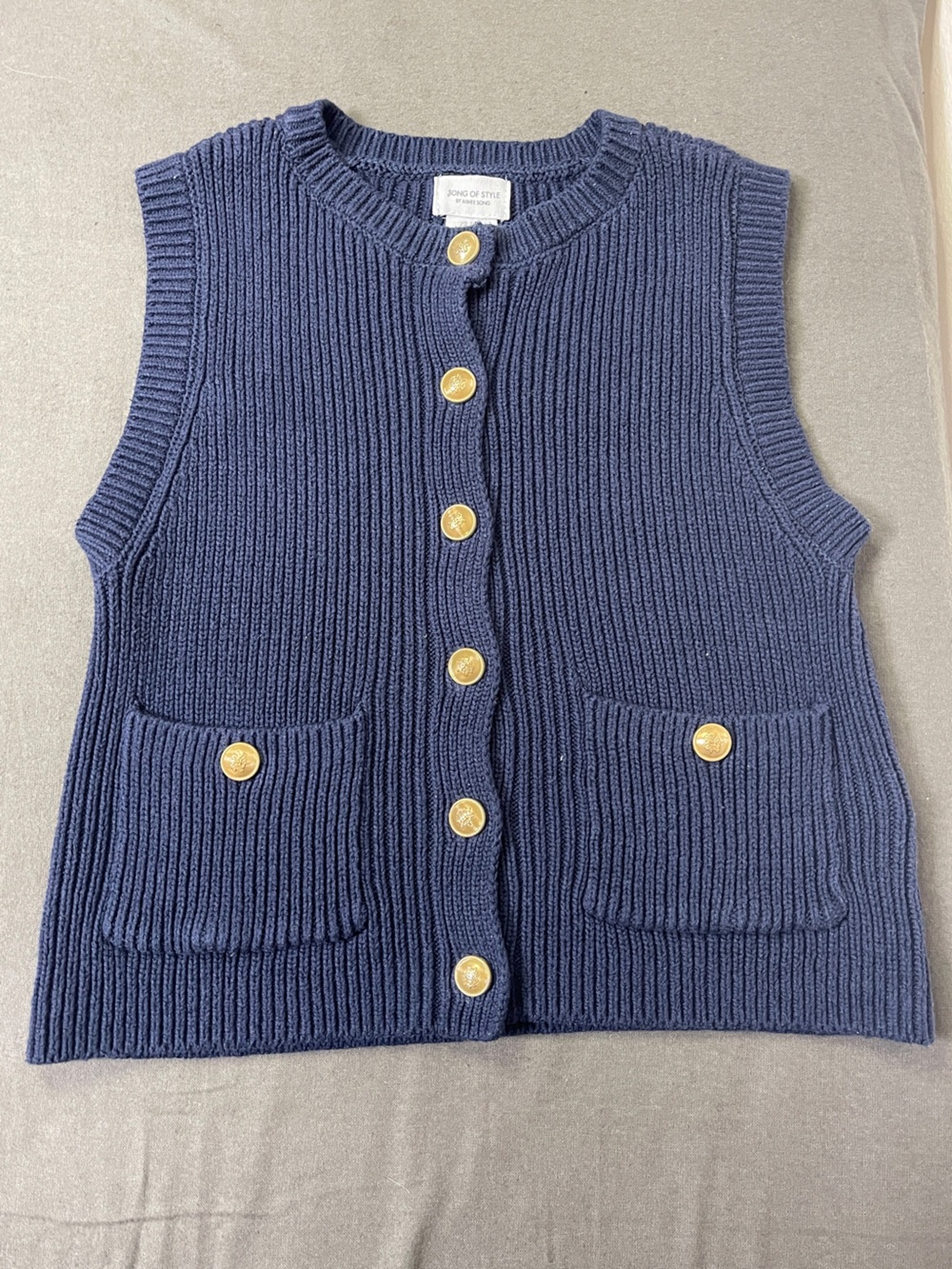 Song of Style Navy Ribbed Button Vest with Gold Buttons